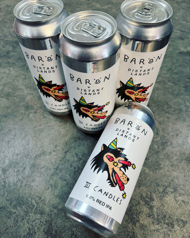 BARON BREWING. THREE CANDLES RED IPA 6.8% 500ml - The Beer Shelf